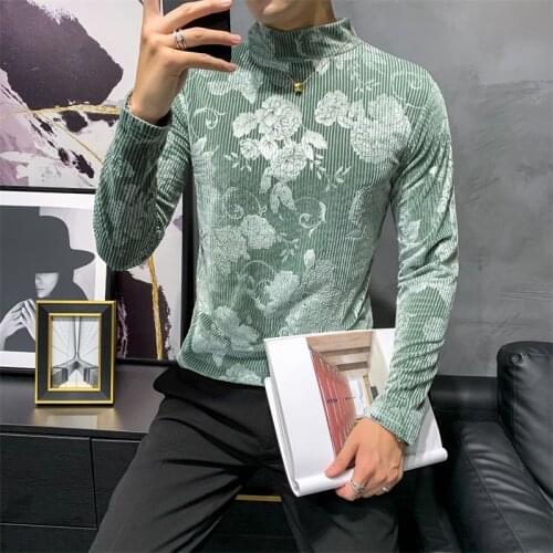Autumn Mens Long-sleeved T-shirt Turtleneck Black Base Tshirt Mens Pullover Velvet Slim Fit Funny T Shirts Ropa De Hombre 2020