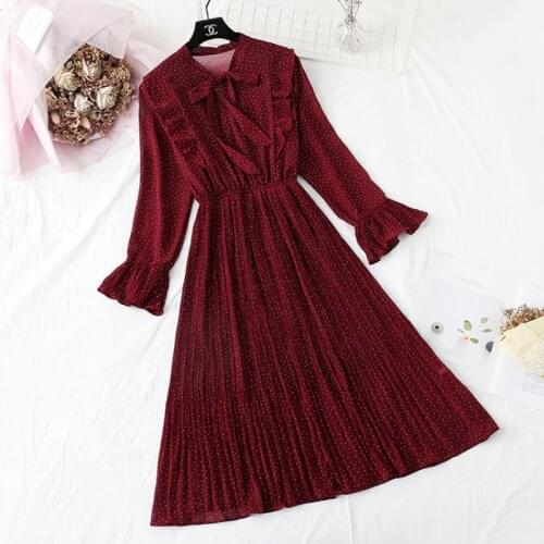 Wavelet dot dress womens spring and autumn dress 2020 new French retro Floral Chiffon base pleated long