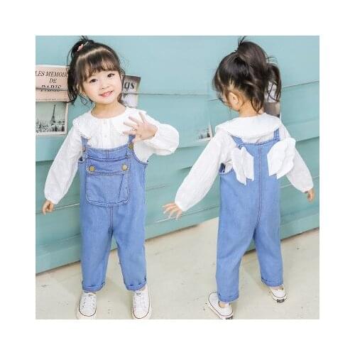 Spring and Autumn New Jeans Childrens Trends Female Baby Wings Solid Color Bibs Girls Casual Pants Wear