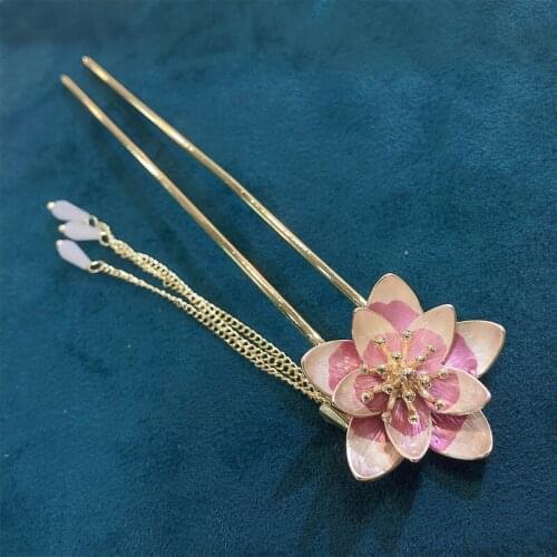 Morkopela Pink Lotus Hair Stick Green Orchid Flower Head Wear Pin Fork Banquet Metal Tassel Hairpins for Women Hair Accessories
