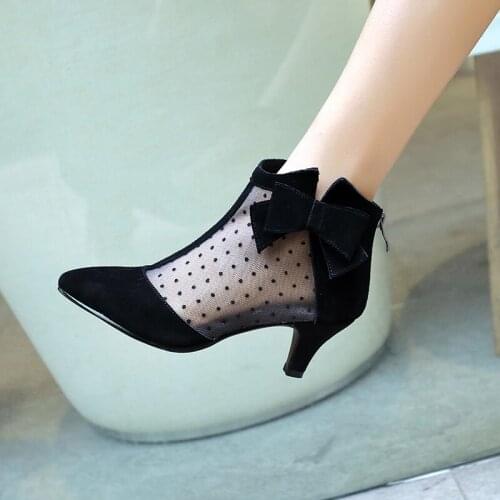 Spring autumn shoes woman Polka Dot shoes women pointed toe med heels mesh cool shoes bowknot short boots