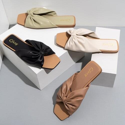 2021 summer new bow slippers womens fashion square toe outdoor casual beach flat heel womens slippers slider