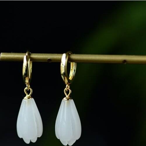 White Jade Magnolia Earrings Amulet Charm Women Natural Zircon Jewelry Crystal 925 Silver Chalcedony Gifts Fashion Gemstone