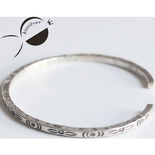 Kissilver S925 pure silver bar carved met intime fine handmade Bangle Bracelet female retro style of Bohemia