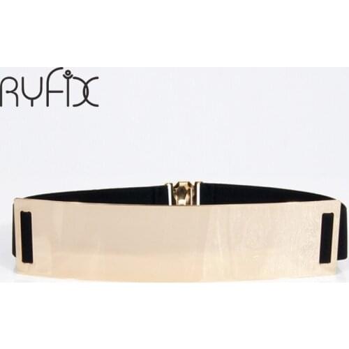 Women Lady Elastic Mirror Metal Waist Belt Metallic Bling Gold Plate Wide Fashion Band for Female Dress waistband BL15