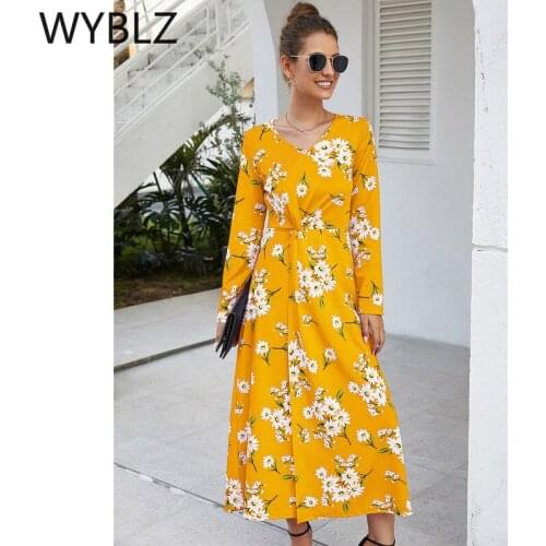 WYBLZ Ladies Casual Dresses Vestidos Boho Long Dress for Women Floral Print Sleeve A-line Maxi Dress V Neck Loose Spring Summer