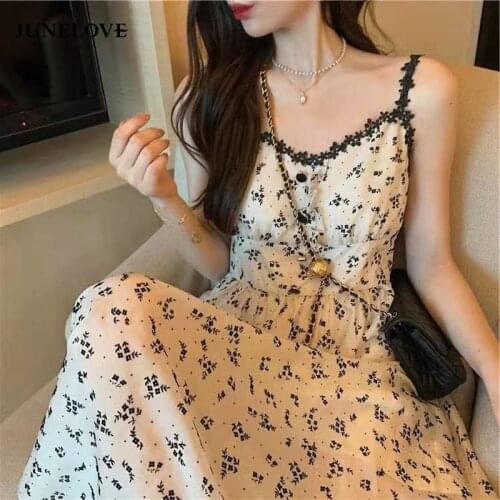 JuneLove 2021 Summer Spaghetti Strap Floral Dress Women Slim Sleeveless Flower Midi Vintage Dress Party Boho Dress Korean Y2k