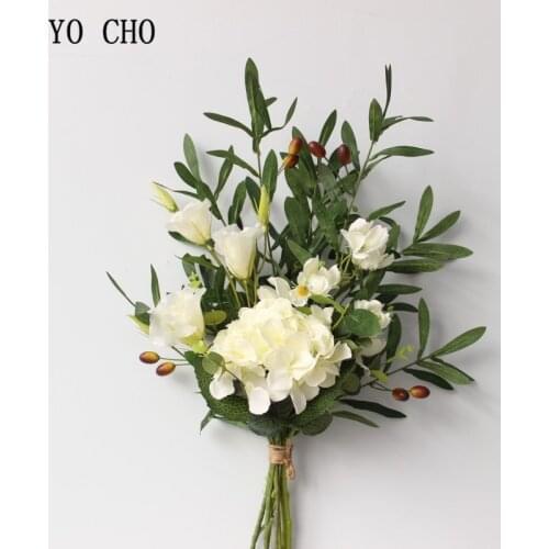 YO CHO Bride Bouquet Wedding Flower Artificial Silk Rose Flower Dropshipping Olive Eucalyptus Leaves Festival Wedding Decoration