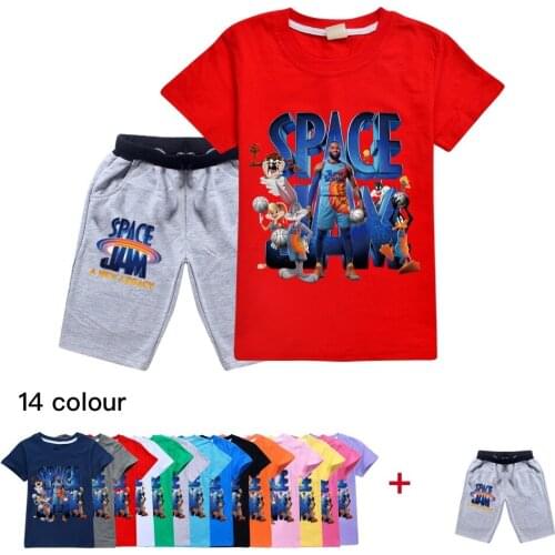 Kids SPACE JAM Summer2021 Short-sleeved Sweater Pants Suit Clothes Girl Clothes Korean Boy Clothes Baby Sportswear T-shirt Suit