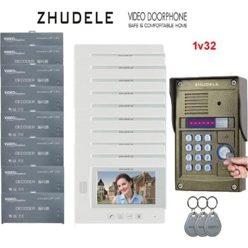 ZHUDELE Home security intercom System for 32 Units Apartments kit 7" Monitor Video Door Phone Bell Password and ID card