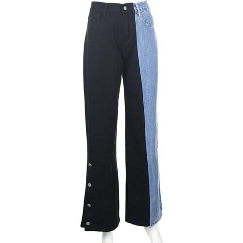 Spring Autumn Women Straight Leg Jeans Fashion Panelled Patchwork Side Split Denim Pants Woman Casual Loose High Waisted Jeans