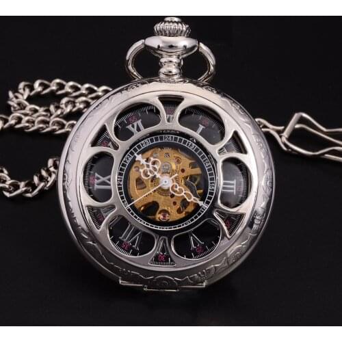Classic Silver Flower Case Skeleton Dial Male Relogio De Bolso Chain Clock Vintage Men Hand Wind Mechanical Pocket Fob Watch