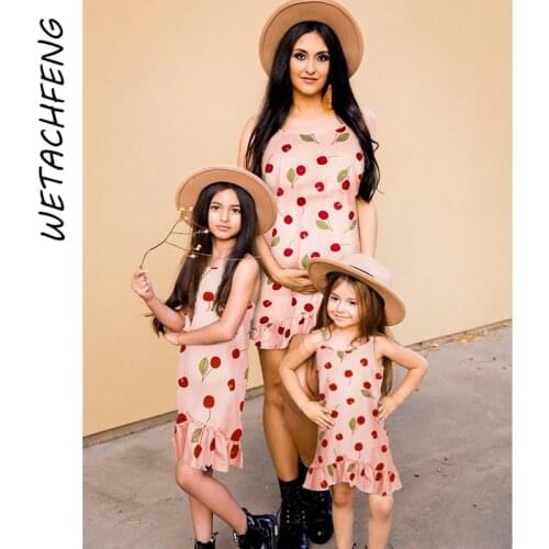Cherry Print Summer Family Dress Mommy And Kids Mini Ruffles Camisole Beach Party Sexy Sundresses 2021 Fashion Outfits Clothing