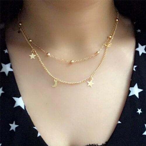 Bohemian Fashion Multi-Layer Choker Necklace for Women Trendy Moon Star Shape Collar Pendant Chain Necklaces Party Jewelry 2021