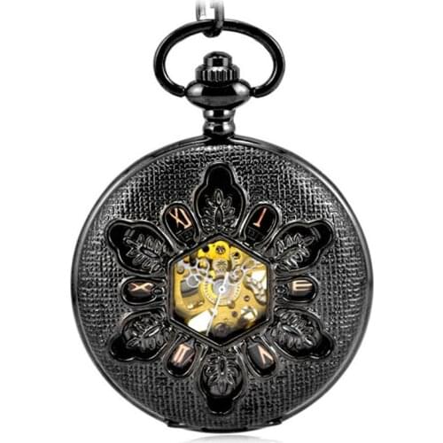 Antique Black Skeleton Mechanical Hand Wind Pocket Fob Watches Clamshell Business Mens Pocket Watch Pendant Necklace Carved Gift