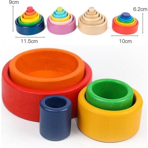 Rainbow Building Blocks Wooden toys 5 Layers Set Rainbow Bowls Stackable Circles Stacks Educational Jenga Montessori Toys