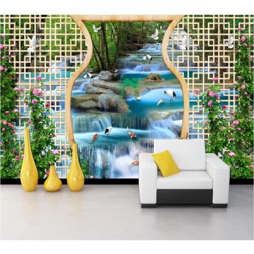 Beibehang Custom wallpaper 3d water waterfall crane carp large mural living room bedroom TV background wall decoration painting