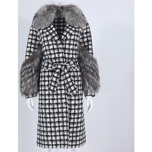 OFTBUY 2021 X-long Plaid Cashmere Wool Blends Real Fur Coat Belt Winter Jacket Women Natural Fox Fur Collar Cuffs Streetwear