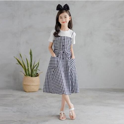 100% Cotton Mid Long Dresses Girls 2021 New Summer Baby Girl Cute Kids Clothes Teenage Dress White Clothing With Pockets