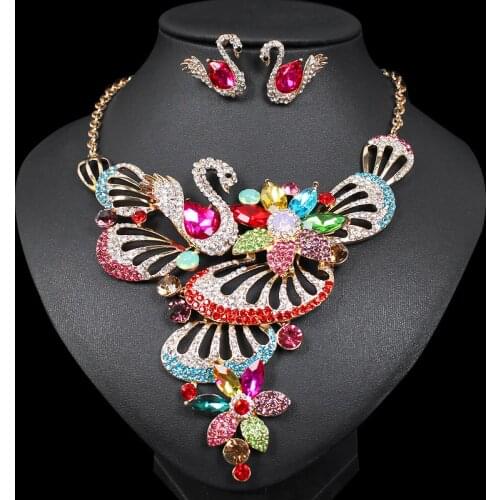 Luxury Swan Indian Brides Crystal Necklace Earrings Sets Bridal Jewelry Sets Party Wedding Costume Accessories Gifts for Women