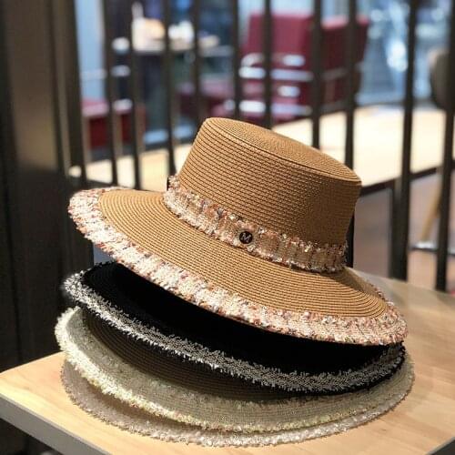 Lovely Flat Top Straw Hat Summer Spring Womens Trip Caps Leisure Lace Beach Sun Hats Black Breathable Fashion Flower Girl Hat