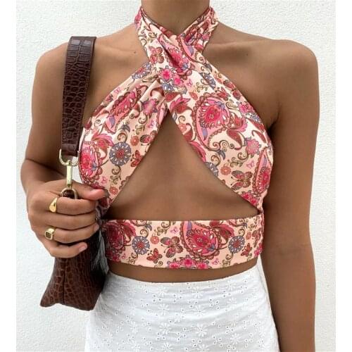 Women Floral Print Vintage Cami Tops 2021 Summer Sexy Cross Bandage Halter Sexy Crop Tops Slim Fit Club Eleagnt Tank Top Female