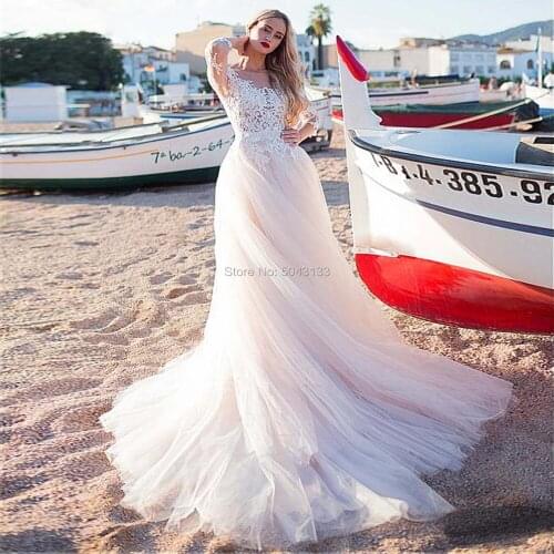 2021 Fascinating Tulle Scoop Neckline A Line Wedding Dresses With Lace Appliques Long Sleeves Beach Wedding Bridal Dress