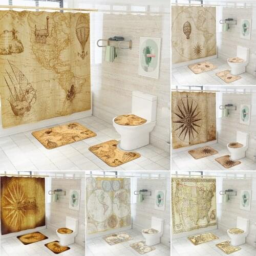 Europe Vintage Map Shower Curtain Waterproof Polyester Fabric Bath Screen Curtains Pedestal Rug Lid Toilet Cover Bathroom Mat