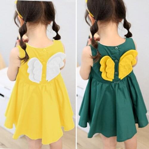 Yellow Green Summer Sleeveless Girls' Dress with Wings New Pleated Princess Cotton Dress Flower Fashion Korean Style Clothes