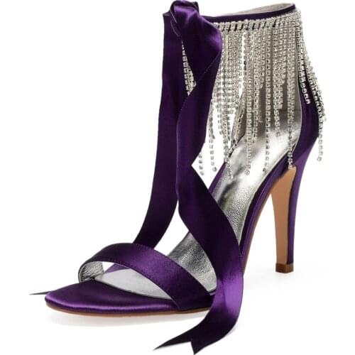 Sparkling crystal rhinestone fringe lady ankle sandals satin evening dress shoes lace up bridal wedding party show ball pumps