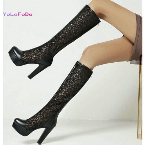 Apricot Black White Summer Women Knee High Boots Platform Square High Heel Ladies Calf Boots Mesh PU Leather Womans Shoes 2021