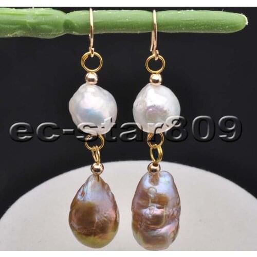 P6283 2Line 14mm White & Lavender Baroque Edison Keshi Pearl Dangle Earring Woman Fine Jewelry