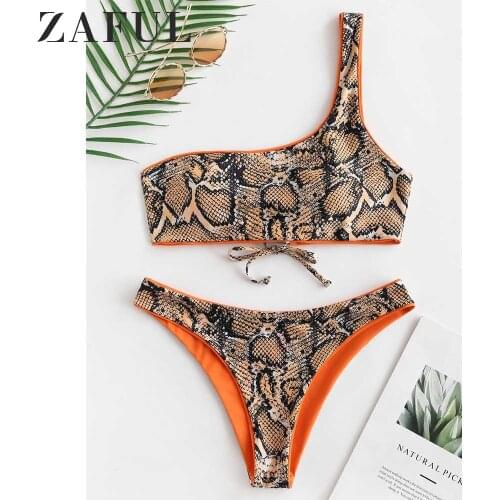 ZAFUL Reversible Bikini Set Snakeskin Print One Shoulder Two Pieces Sets Women Swimwear Lace Up Swimsuit Sexy Bathing Suit