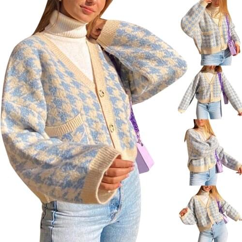 2021 Female Cardigan Coat Houndstooth Print V-Neck Long Sleeve Knitwear Sweater for Spring Fall Blue