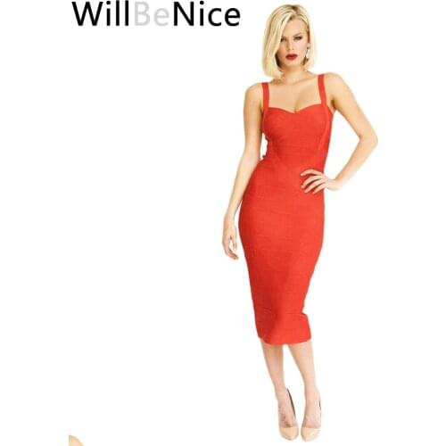 WillBeNice Red Blue 2019 Women Sexy Sweetheart Neckline Mid Calf Spaghetti Strap Sleeveless Bodycon Bandage Dresses Clubwear