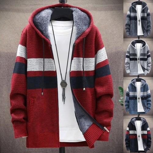 Winter Warm Jackets Coat Men Color Block Zipper Hooded Coat Men Knitted Jacket Coat Thick Warm Mens Jacket Coat Male Outwear