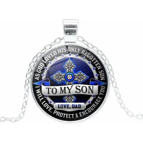 Love Dad To My Son Badge Time Gem Pendant Necklace Alloy Glass Charm Necklace Sweater Necklace Dad for Son Boys Gift