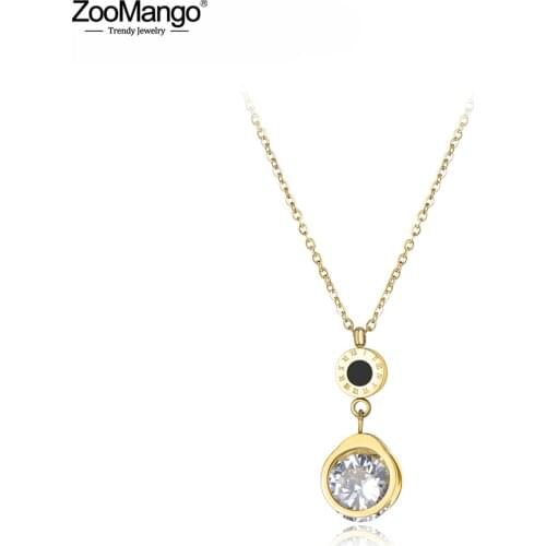 ZooMango Classic AAA CZ Crystal Pendant Roman Letter Necklace For Women Stainless Steel Wedding Female Necklace Jewelry ZN18037