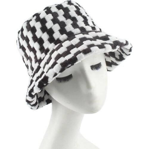 2021 New Fashion Panama Fisherman Hat Women Winter Bucket Hats Warm Faux Fur Plaid Knitted Hip Hop Caps