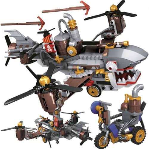 8038 Small Particle Steam Era 536PCS Military Pirate Shark Airship City Building Block Model Steam Airplane ChildrenS Toy Gift