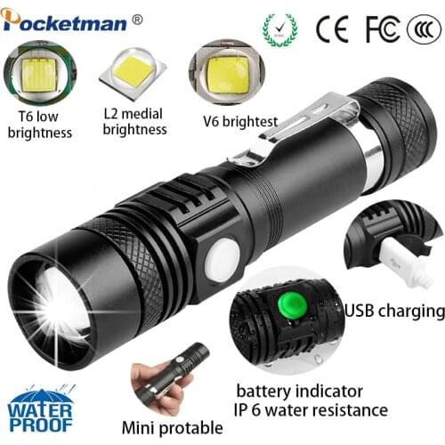 Super Bright LED Flashlight T6/L2/V6 Power Tips Rechargeable USB linterna torch with 18650 Zoomable outdoor Bicycle Light hunt