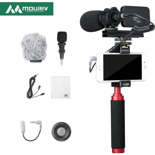 MOURIV Smartphone Video Microphone Kit with Grip Rig, LED for YouTube Vlogging Facebook Compatible with iOS, Android & More