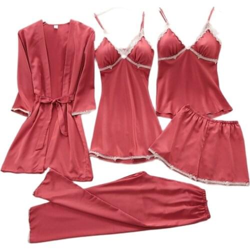 5PCS Robe Set Women Sexy Kimono Bathrobe Gown Satin Sleepwear Sleep Suit Silky Intimate Lingerie Lounge Wear Casual Nightwear