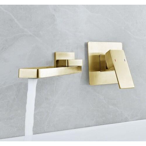 Brass Golden Brushed Bathroom Faucet Sink Wall-Mounted Square Chrome Hidden Hot And Cold Bathtub Faucet