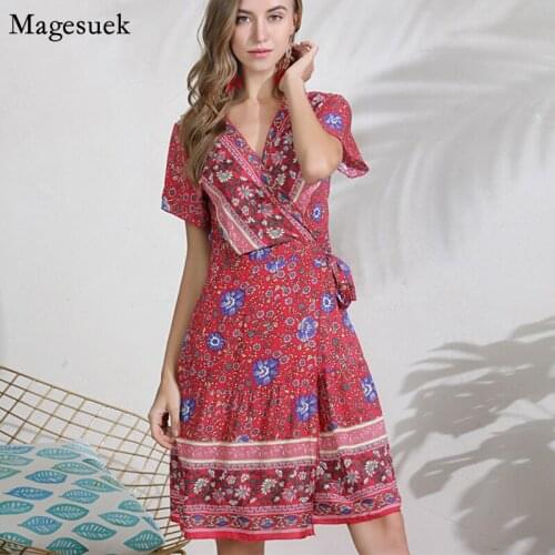 Summer Bohemian Dress Women 2021 Short Sleeve V Neck Sexy Beach Dress Woman Print Casual Loose Short Female Dresses Robe 4173