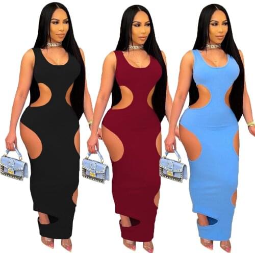 Dresses Summer 2021 Ladies Women Black Blue Burgundy Cut Out Sexy Long Dresses Jurken Zomer 2021 Dames Club Party Bodycon Robe