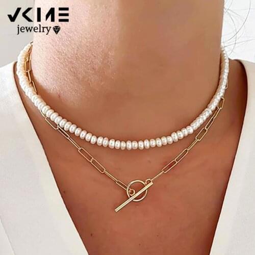 VKME Multi-layered pearl Aluminium chain Necklace For Women Chokers Necklaces Fashion Jewelry New Party Gift