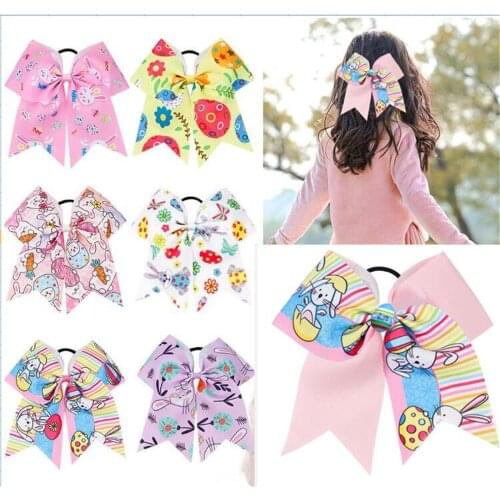 NEW 12pcs 7inch Easter Day Cheer Bow Rabbit Print Hair Bow Large Elastic Hair Band Or Crocodile Clip With Rhinestone For Girls