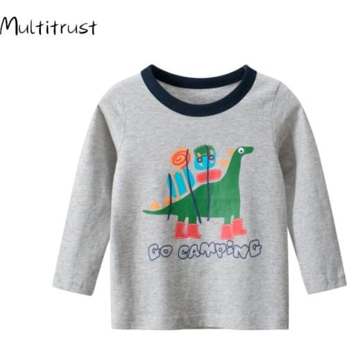 2020 Autumn Kids Boys Long Sleeve T Shirts Tops Cartoon Animal Print Pullover Cotton Grey Tops 1-9Y