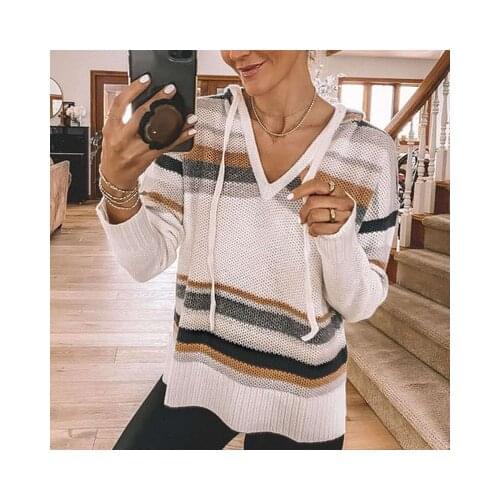 2020 autumn new solid color stitching hooded sweater casual V-neck loose long-sleeved sweater